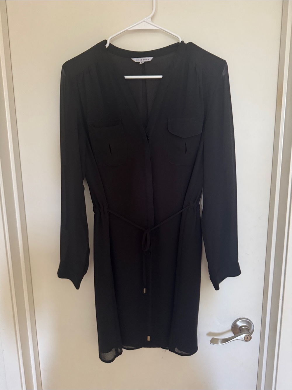 Naked Zebra Black Long-Sleeve Tie-Waist Shirt Dress